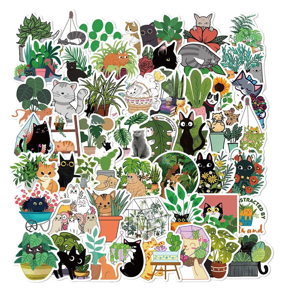 

10/30/50PCS New Cartoon Cat with Green Plants Exquisite Stickers Gift Toys DIY Laptop Luggage Ipad Guitar Stickers Wholesale