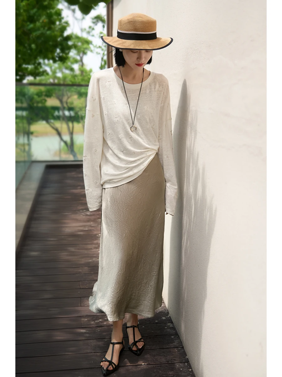 

Victoria Knitted Long Sve Dr Linen round Ne Embroidery Heavy Embelliment Straight Cut Daily Wear Pure Color T-irt