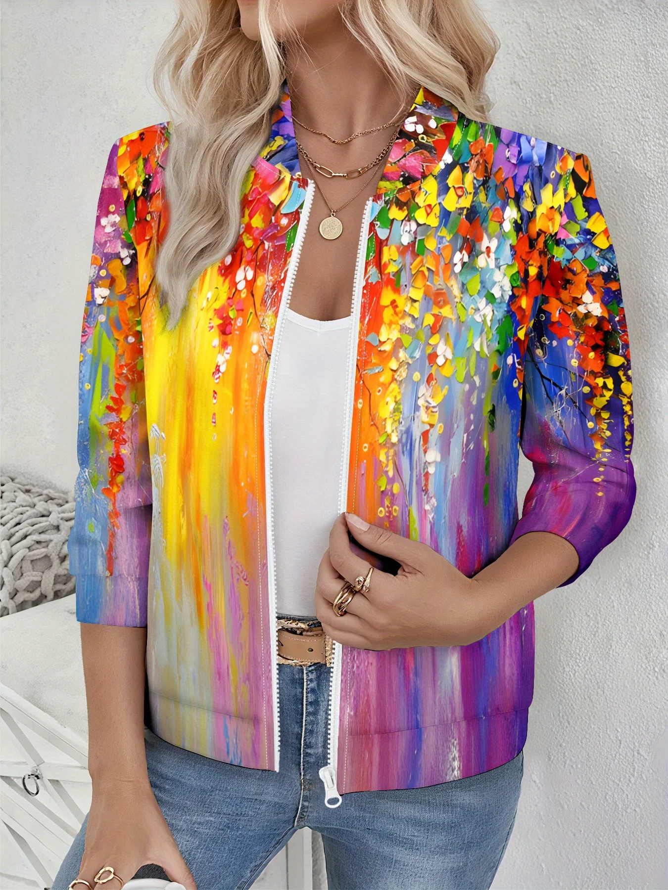 

Женская куртка с цветочным принтом, картина маслом, принт цветущего тела, дизайн бейсбольного воротника, весенне-осенняя повседневная одежда для вечеринок