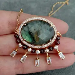 YYGEM Natural 2x30mm Labradorite Garnet Cz Beads Faceted Gemstone Gold Plated Chain Necklace