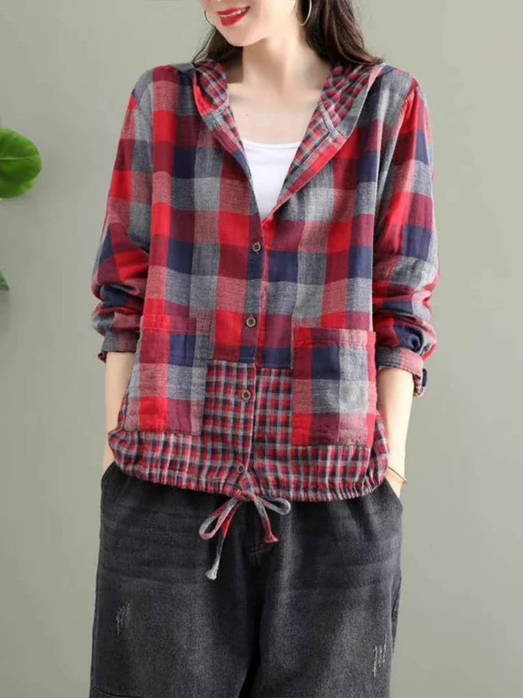 Max LuLu 2024 Fashion Korean Designer Clothes Womens Plaid Hooded Shirts Ladies Linen Loose Blouses Female Casual Oversized Tops