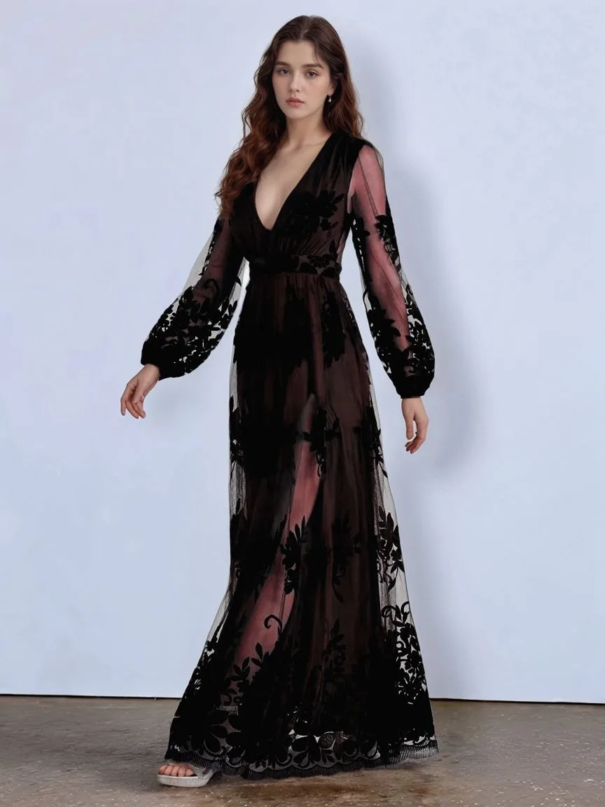 Sexy High-Slit V-Neck Long-Sleeve Mesh Evening Gown Fashionable Celebrity Dress for Graduation Cocktail Party Wedding