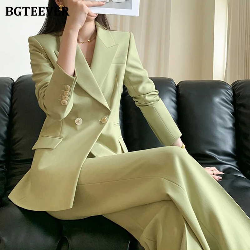 BGTEEVER Autumn Pants Suits Women Slim Waist Blazer Jacket & High Waist Trousers Elegant Ladies Outfits 2 Pieces