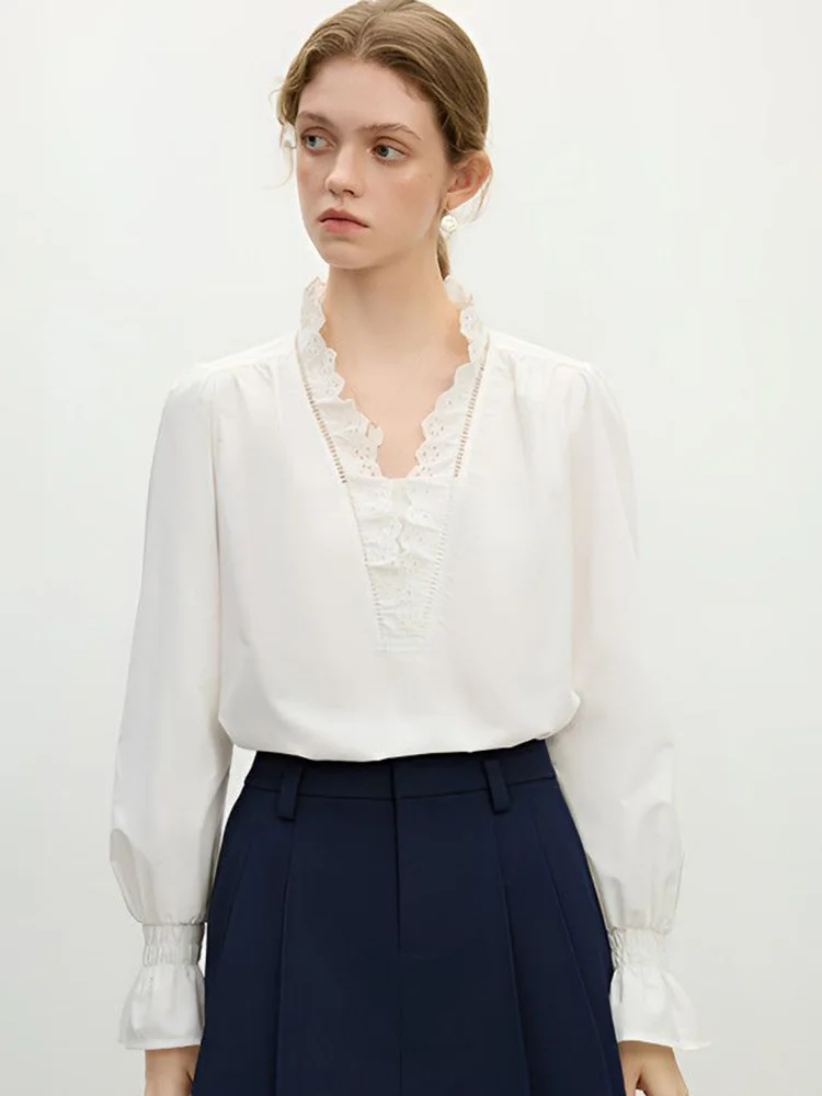 Kant Patchwork Wit Shirt Dames Vintage Amerikaanse Lente Lange Mouw Sexy V-hals Blouse Casual Losse Preppy Stijl Elegante Tops