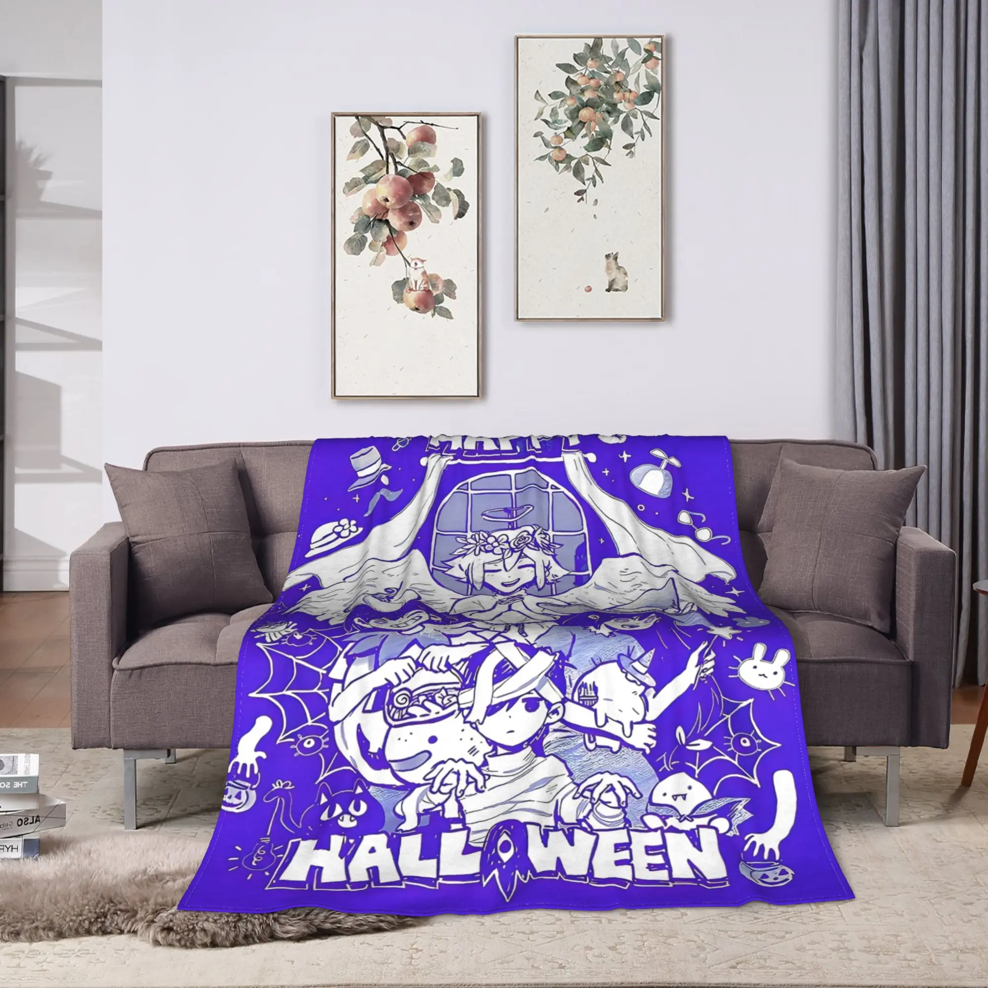 Happy Halloween poster omori Flannel Blankets  Soft Durable Throw Blanket for Outdoor Travel Novelty Bedspread Sofa Bed Cover