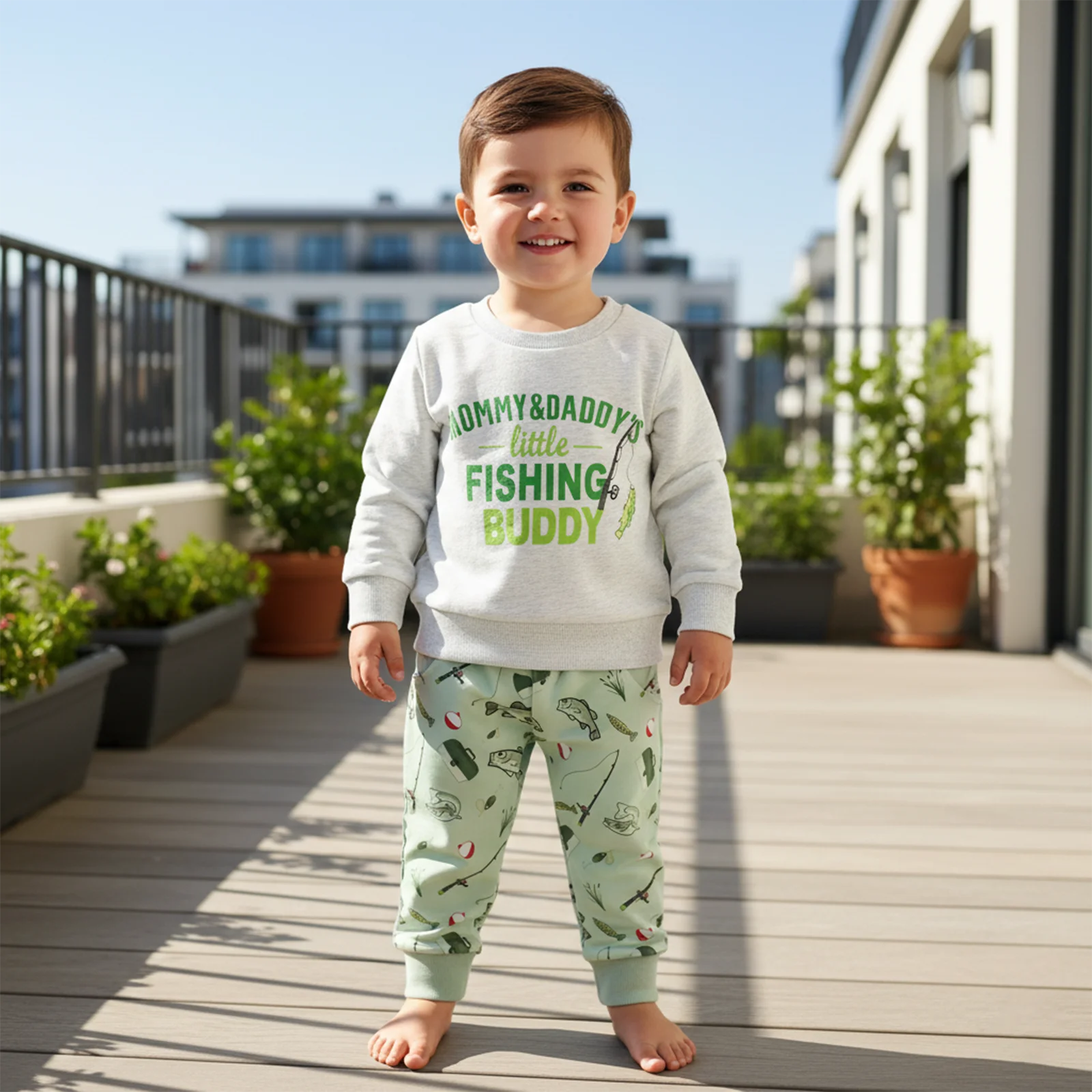 

Toddler Boy Fall Outfits Letter Print Long Sleev Round Neck Sweatshirt and Fish Pattern Pants 2 Pcs Set