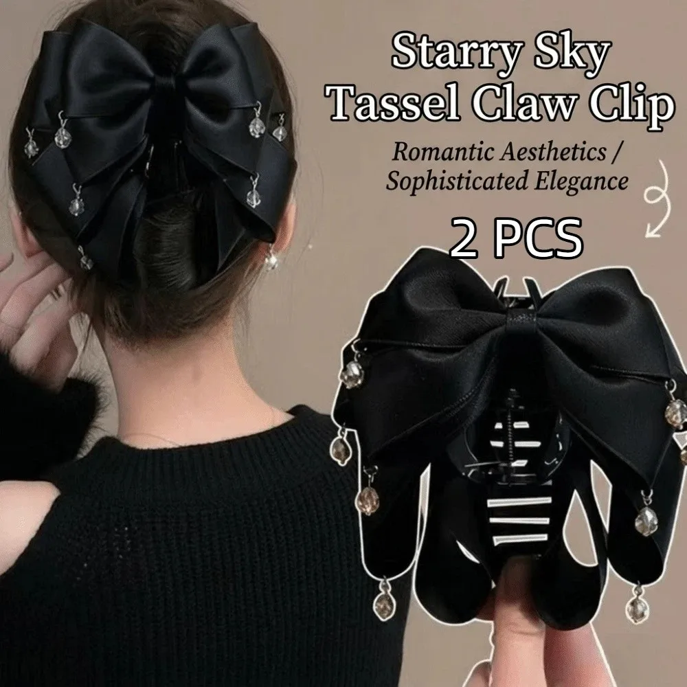 2Pcs Non-Slip Multi-Layer Bow Hair Claw Large Size Fabric Bow Tassel Pendant Shark Clip Acrylic Satin Fabric Hair Clips Women