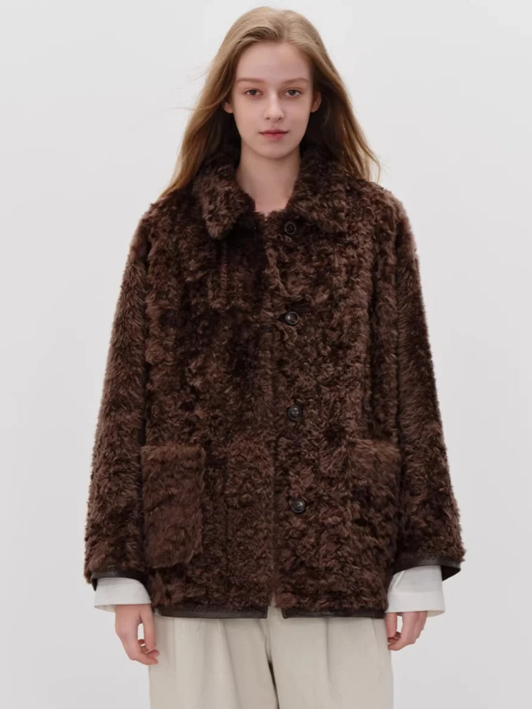 

High-end Luxury Lacon Lamb Fur Plush Jackets for Women 2026 New Simple Loose Winter Genuine Leather Real Fur Shearling Coat