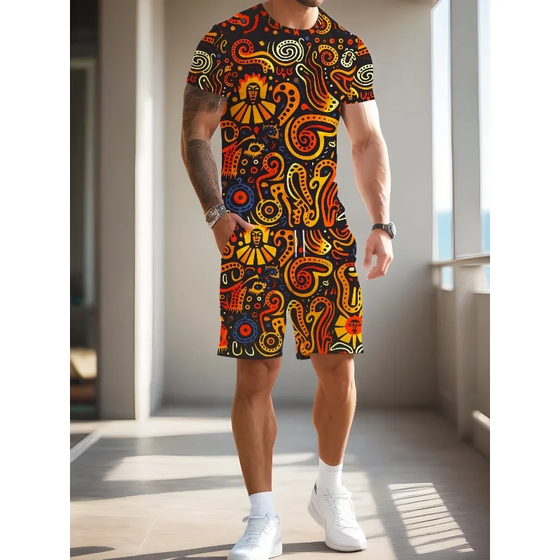 2025年夏の必須アイテム、クリエイティブなレトロ3Dデジタルプリントメンズ半袖ショートパンツセット、最新のファッショントレンド、カジュアルTシャツ