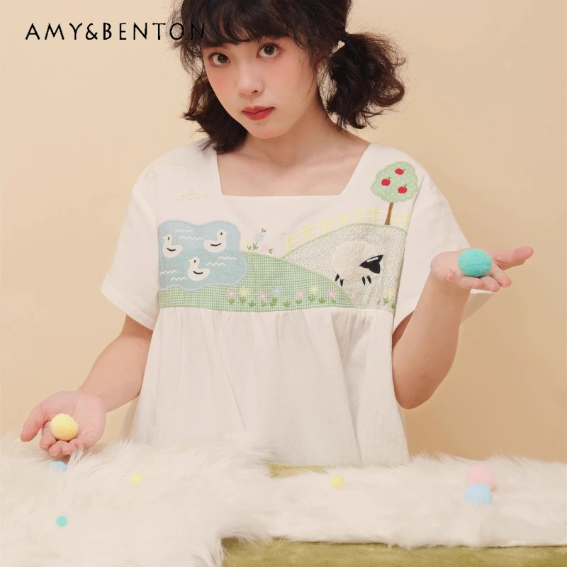 

Японский дизайн, игривая девушка, ретро-сорочка с вышивкой, кукольная рубашка, осенняя новая милая возрастная футболка с короткими рукавами, женский топ