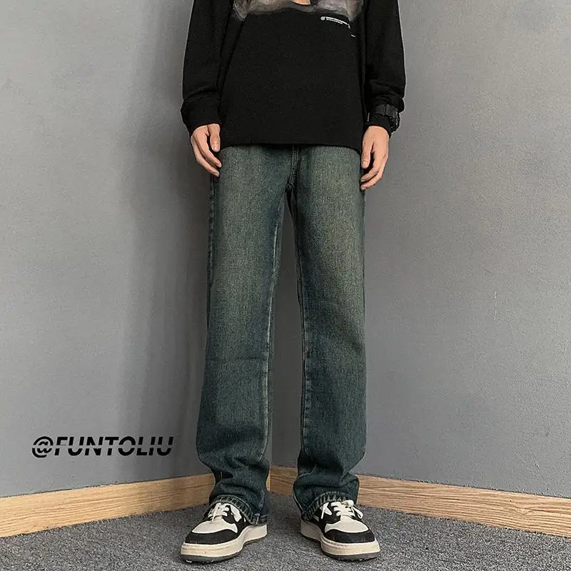 

Retro American Sle Men's Jeans Spring Autumn Loose Straight Leg Wide Leg Pants High Street Hiphop Trousers Micro Flared Lon...