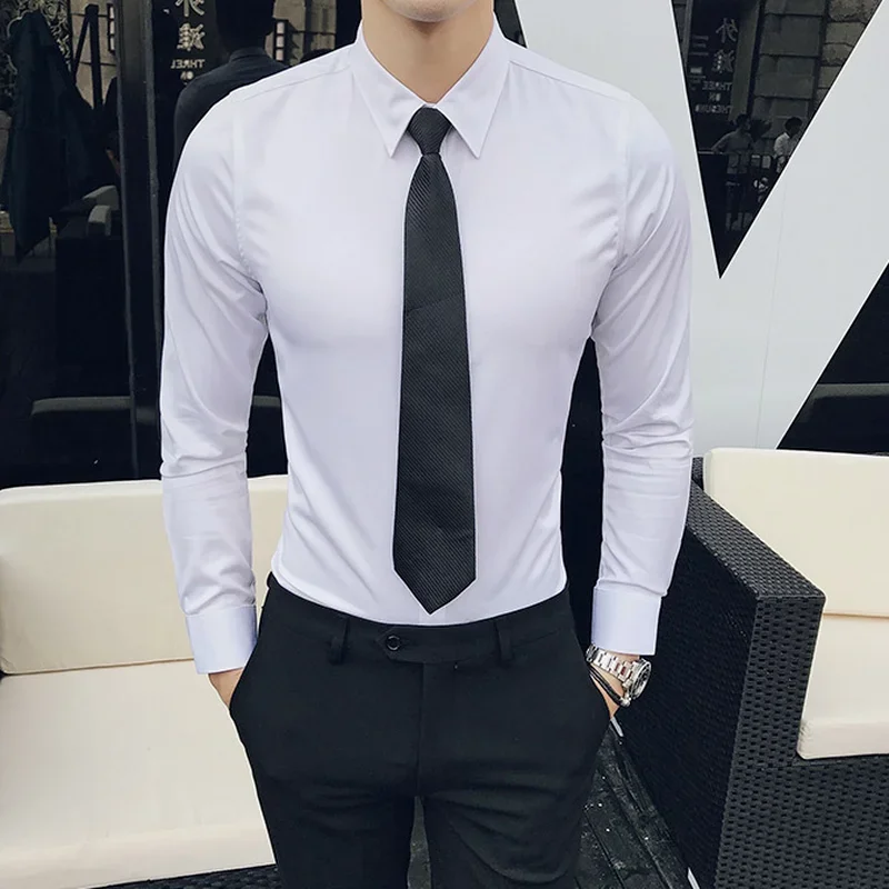 

Men's White Shirt New Long-sleeved Stretch Slim Korean Version of Pure Color Business Formal Wear Fashion Men's Clothing Shirt