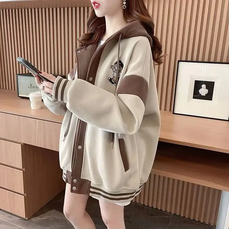 

Casual College Style Women's Hoodie Open Cardigan Spring Autumn Fashion Age Reduction Korean Loose Color Block Baseball Jacket