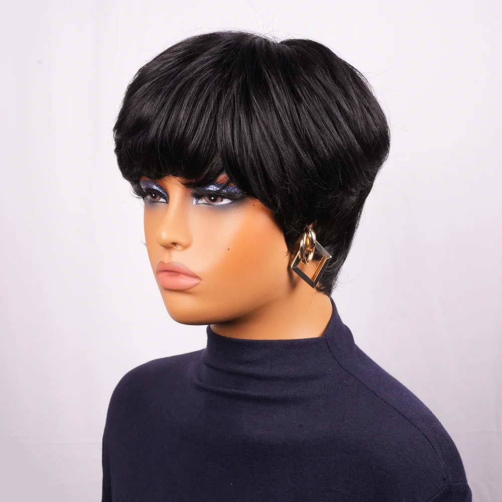 ショートピクシーカットウィッグ人毛前髪付きブラジル人毛ウィッグ女性用黒色フルマシンショートストレートウィッグ