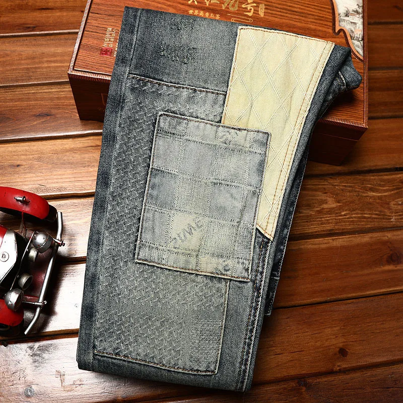 Celana denim pria, kelas atas trendi warna kontras sepeda motor celana ketat pria melar ramping biru kasual dicuci Vintage