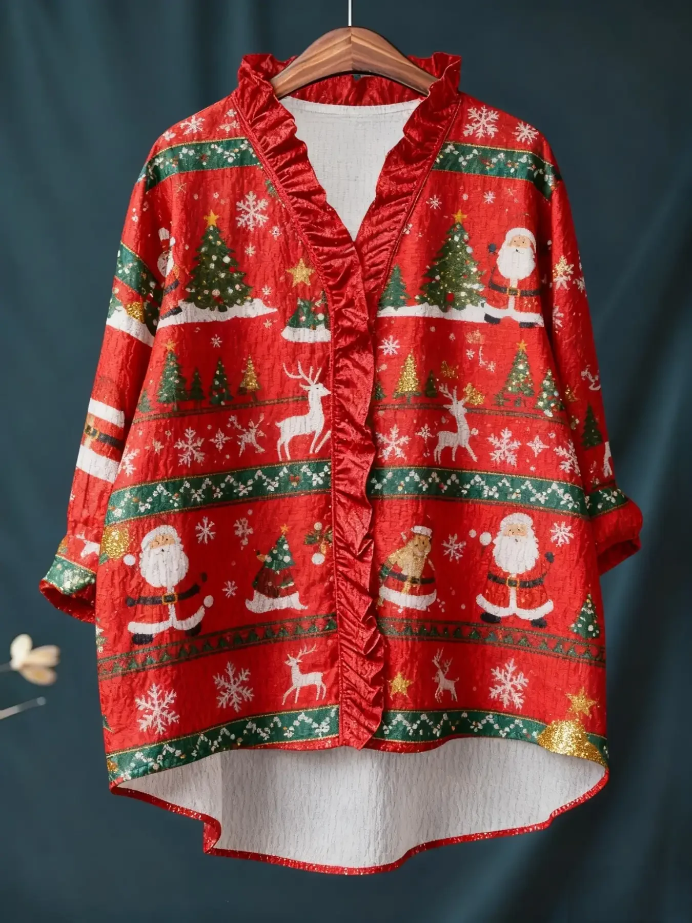 

Women's Christmas digital printed new long sleeved shirt with ruffled collar, A gift for winter