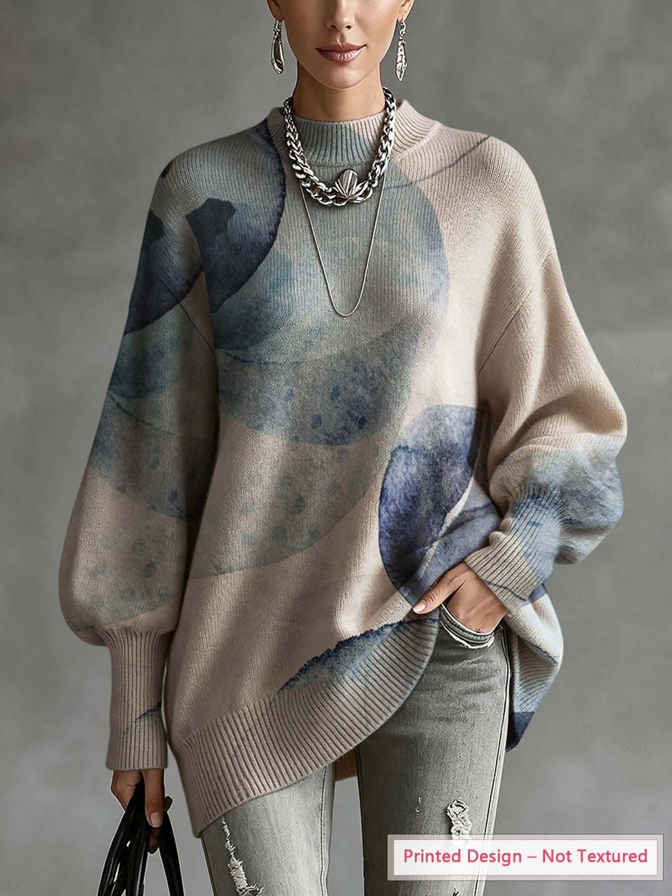 Women's Thin Sweater with Blue Gradient Pattern Print, Diagonal Hem and Lantern Sleeve Design, Suitable for Autumn and Winter, Vintage Casual Wear