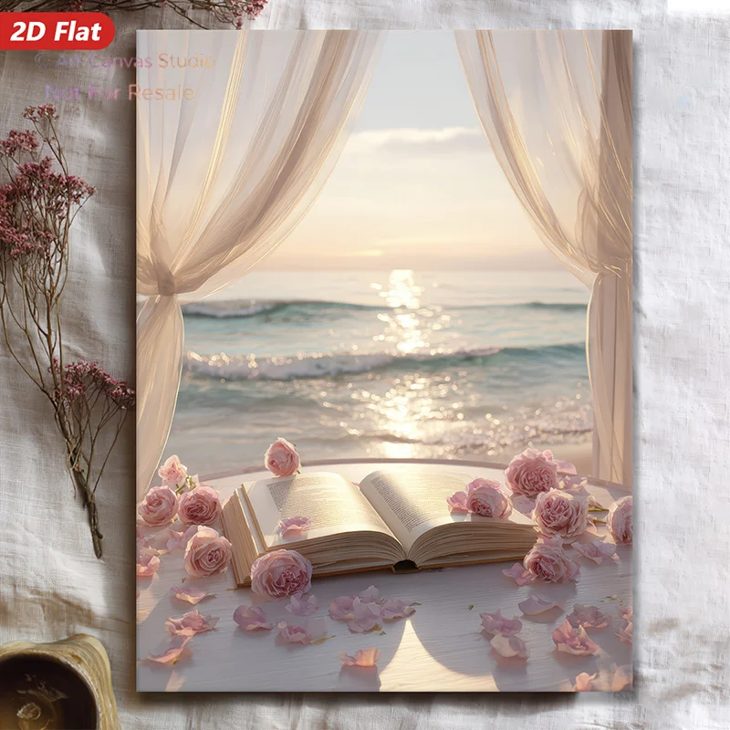 2D Flat, 2D Flat 2D/Flat, 1pc Wooden Framed Canvas Poster, Open Book Decor, Pink Petals Art, Coastal Scene, Sheer Curtain Des