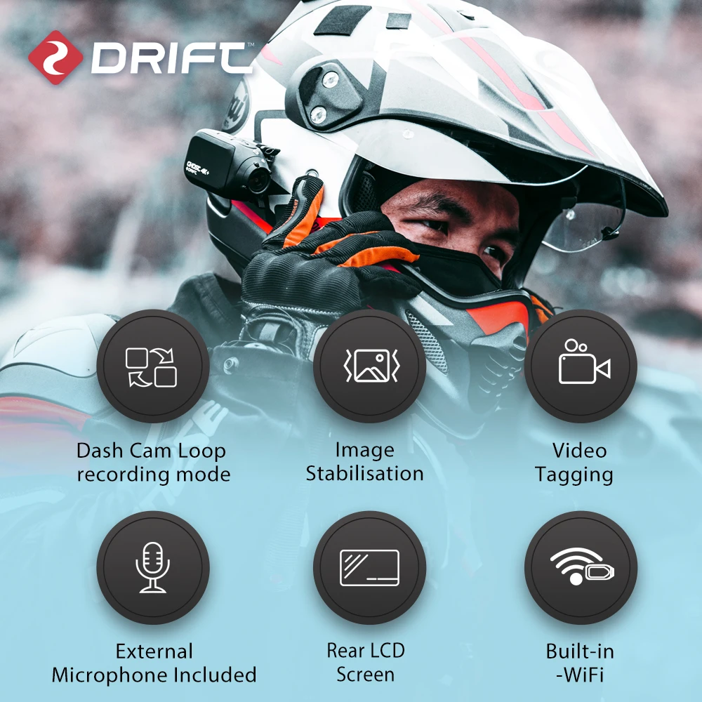 Drift Ghost 4k Plus Action Camera HD Motorcycle Bicycle Bike Body Worn Helmet Sport Cam with Wifi App Control 1950mAh Battery