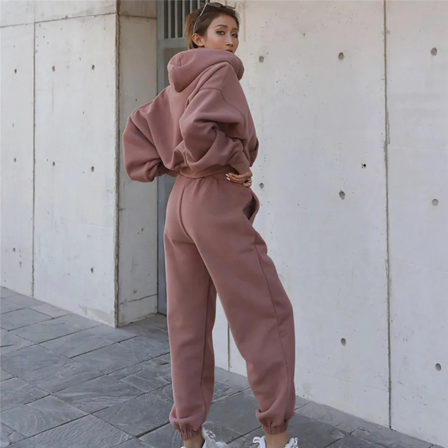 Frauen Sport zweiteilige Sets Hoodie Hose einfarbige Kapuzen hose Outfits Sweatshirt Anzug Herbst Winter Trainings anzug