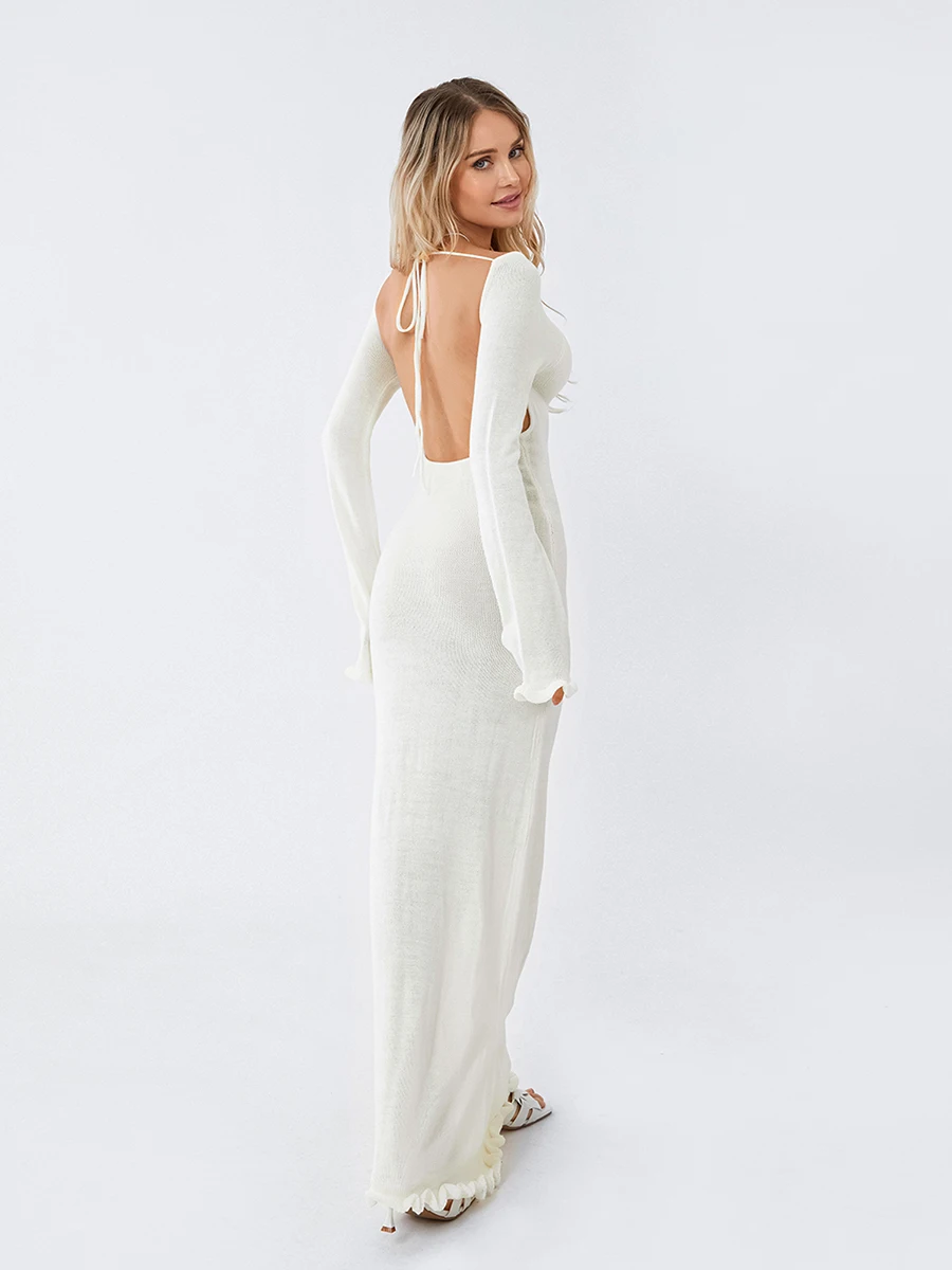 Women Long Sleeve Tie Backless Round Neck Ruffle Trim Long Dress Autumn  Winter Knit Solid Color Bodycon Dress Beige/Grey/White - AliExpress  200000345