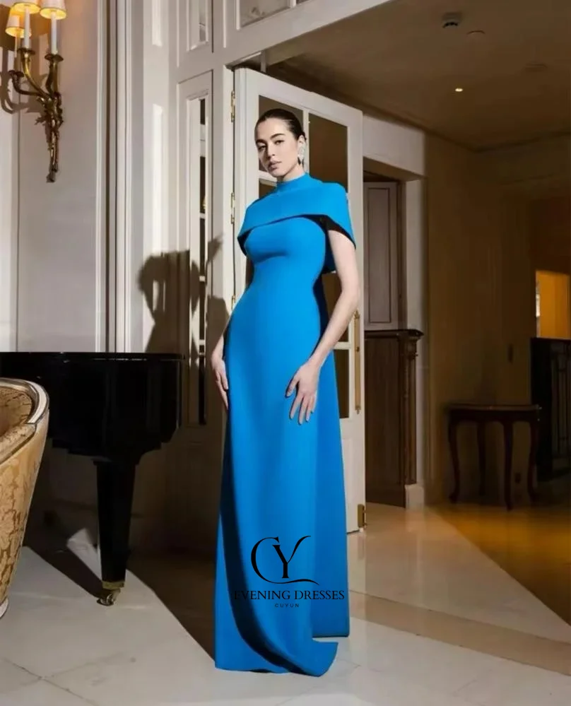Cuyun personalizado azul camisa de noite drapeado botão aniversário a linha gola alta vestido de ocasião sob medida vestidos longos