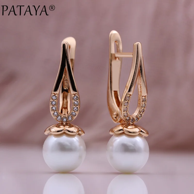 PATAYA New Hollow White Shell Pearl Drop Earrings 585 Rose Gold Color Natural Zirconia Fashion Jewelry Lovely Women Earrings