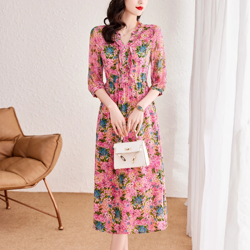 Summer Fashion Retro Silk Printed Mulberry Silk Dress For Women 2023 New Versatile Floral Loose Fit Leisure Vacation Vestidos