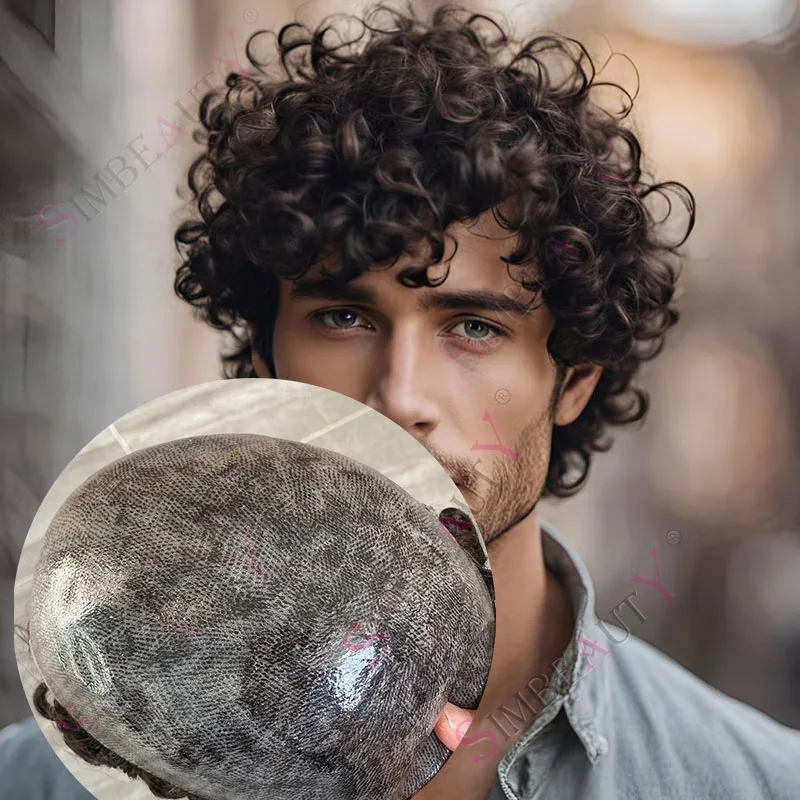 

Черный Темно-Коричневый Натуральная Линия Волос 20 мм Свободные Вьющиеся Мужские Парики Прочная Тонкая Кожа Полный Пу Серый 1B10 Мужской 100% Человеческие Волосы Протези