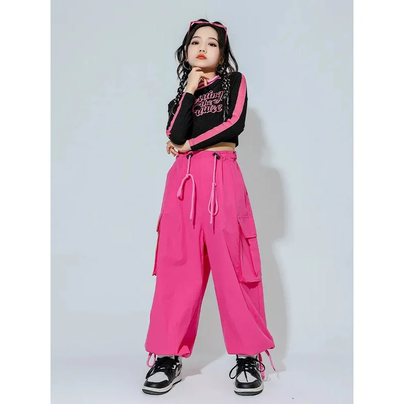 

COSda@Jazz Dance Girls Costume Sets Children Printed Long Top Rose Joggers Cargo Pants Kids Hip Hop Street Performance ClothesCO