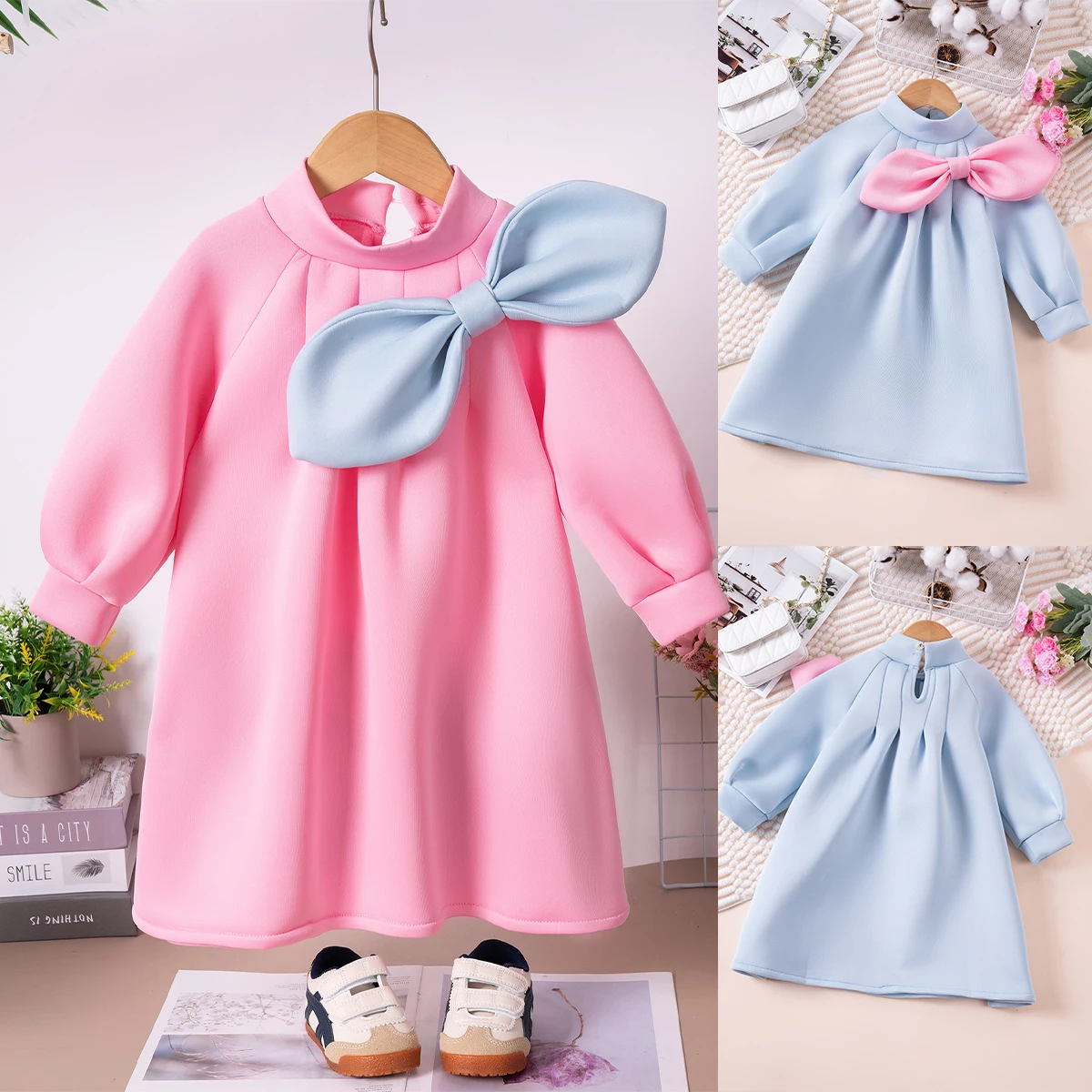 Spring/Autumn Baby Girls Fashion Dress Solid Colour Big Bow Toddler Sweet Long-sleeved Princess Dress A-line Version Soft Smooth