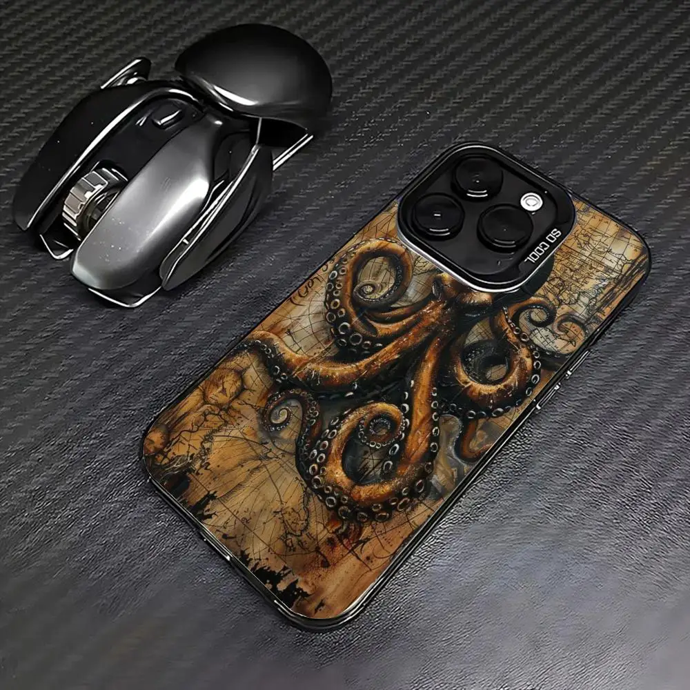 

Retro octopus pattern phone case for iPhone 16 15 14 13 12 11 Pro/ Max/Plus shock-proof rear cover anti-fingerprint