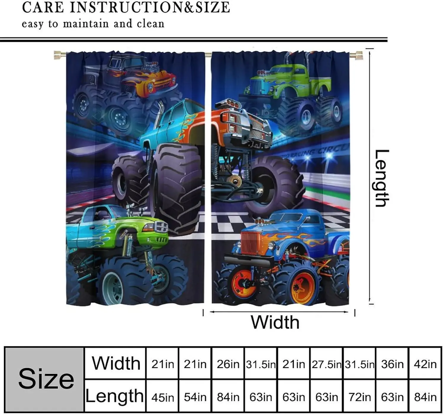 Monster Truck Curtains, Modern Cartoon Track Tractor Flame Big Tire Monster Sasquatch Car Windows Treatments Drapes for Kids