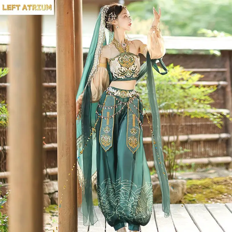 

2025 Flying Girls Green Hanfu Set Han Element Costume Tradition Clothes Dunhuang Maiden Princess Of Western Regions Dress Suit