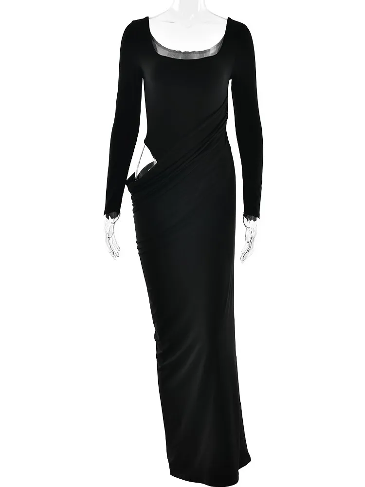 Abito lungo con volant irregolare con vita scavata Abito lungo da donna Autunno O-Collo Backless Manica lunga Prom Party Abiti eleganti skinny