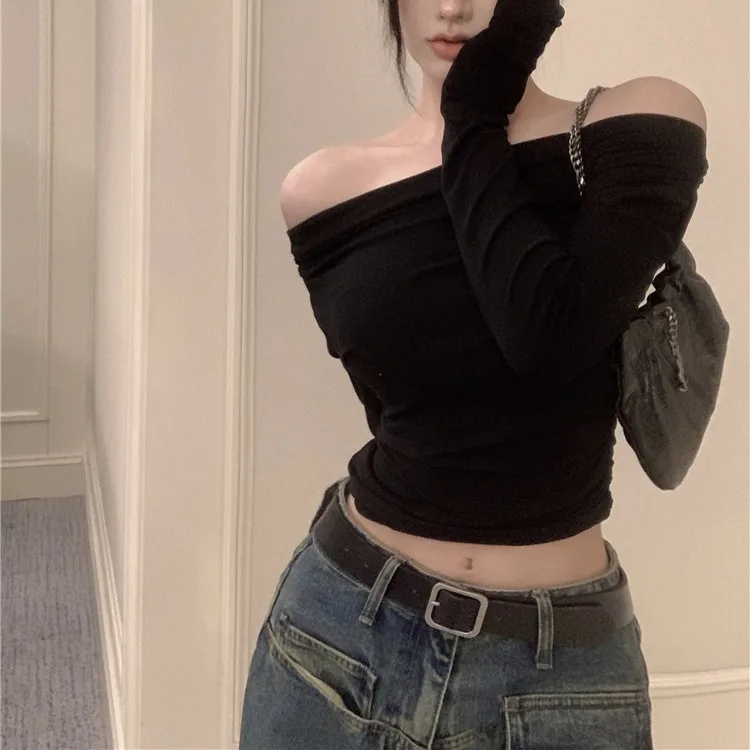Autumn Off Shoulder  T-shirts Women Crop Tops Slim Sexy Vintage Tees Shirts Winter Y2K Korean Fashion Cheap Clothes Woman Tshirt