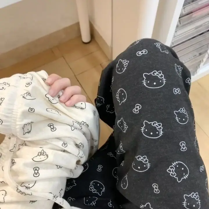 Sanrioed Hello Kittys Cute Print Loose Casual Wide Leg Pants Women Fashion Straight Tube Lazy Leisure Comfortable Lady Trousers