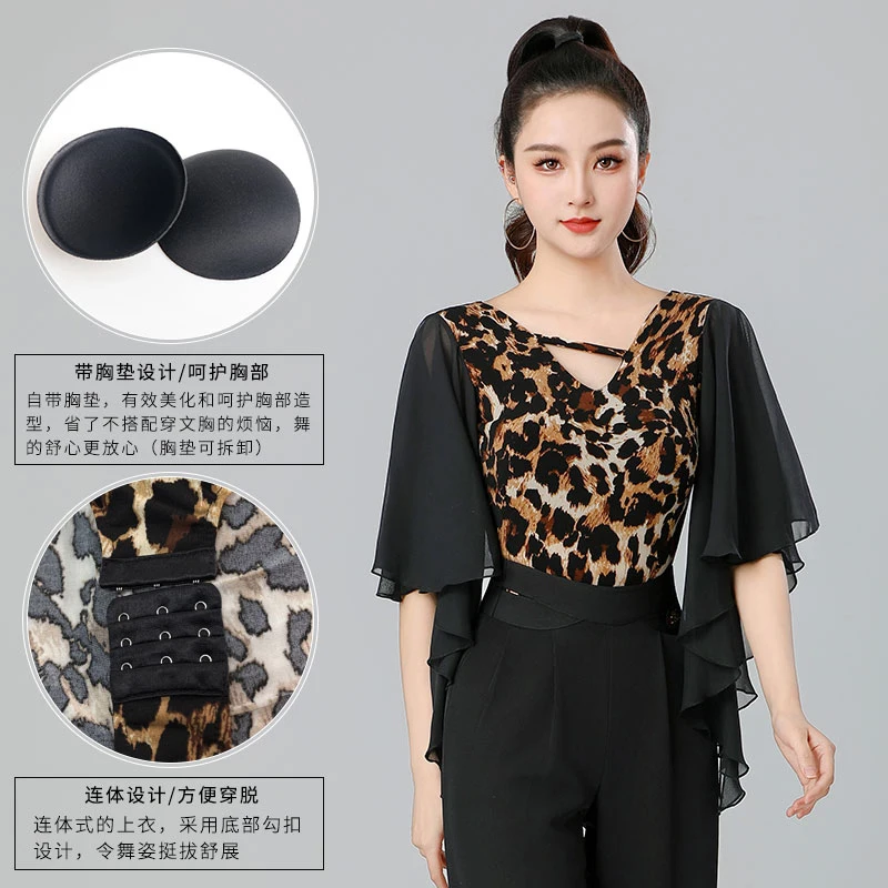 Vêtements de danse modernes imprimé léopard, col en v, manches en maille, combinaison Chacha Rumba Tango, Costumes de danse de salle de bal latine, DN20703