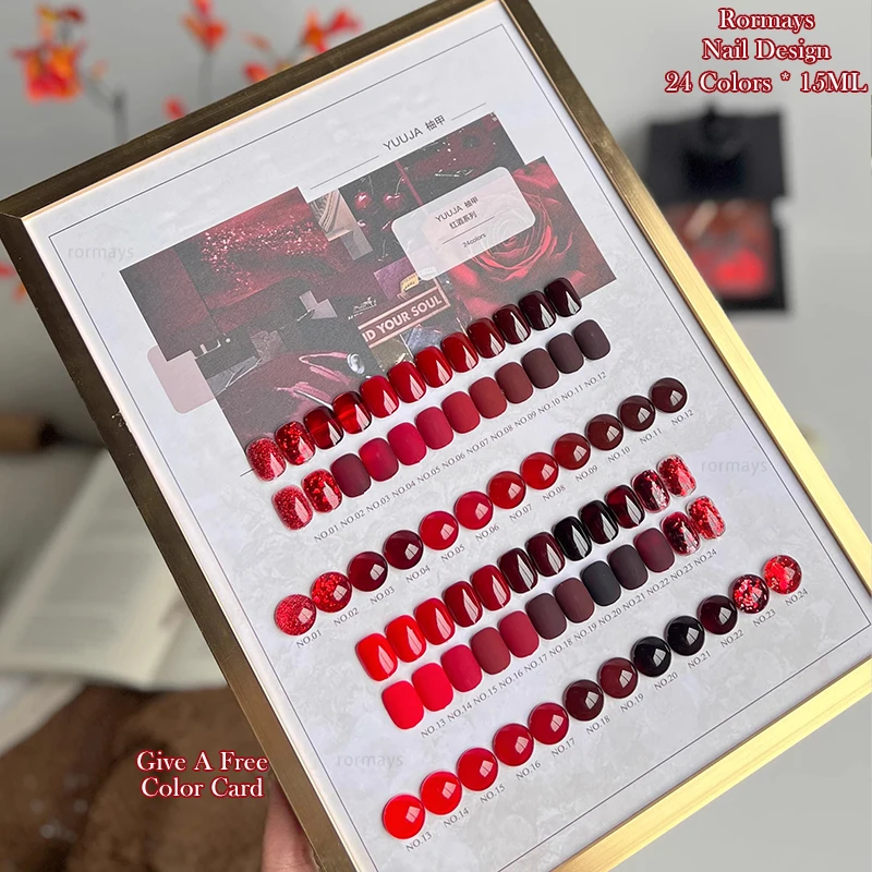 Rormays rose red gel polishing 24PCS mixed semi permanent varnish red collection wine red shiny ultraviolet primer nail glue