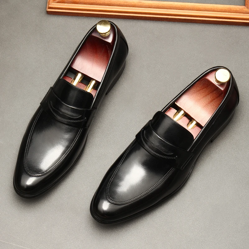 Formal Casual Oxford Shoes For Men Genuine Leather Pointed Toe Slip On Wedding Summer Loafers Men Black Elegant Dress Shoes Man