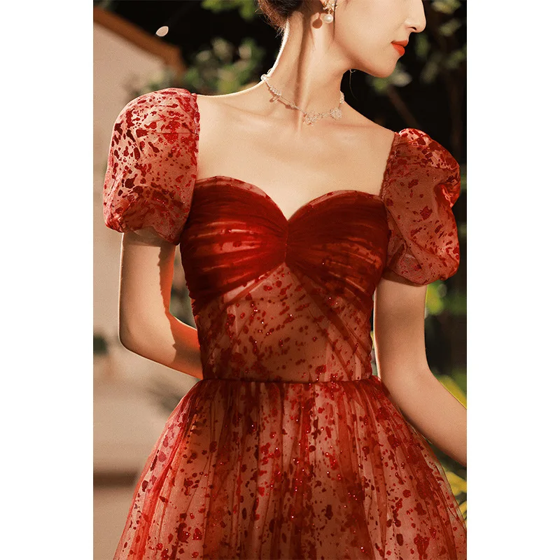 

HA 238 One shoulder wine red toast dress 2024 new bride long engagement wedding