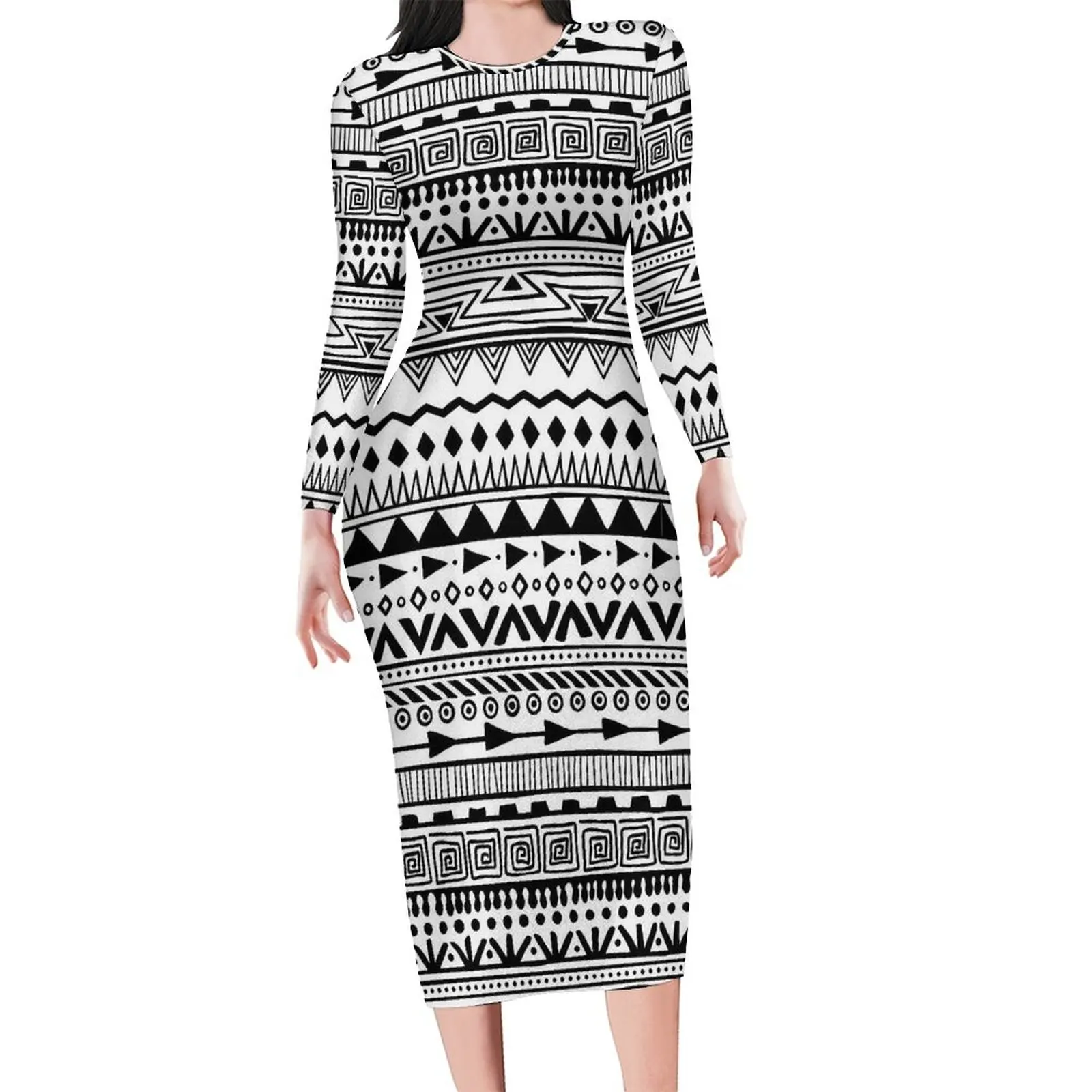 

Tribal Print Dress Long Sleeve Black and White Aesthetic Dresses Summer Vintage Bodycon Dress Women Custom Oversized Clothes