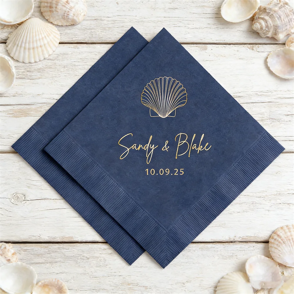 

50 PCS Personalized Shell Design Wedding Napkins Custom Monogram Beach Nautical Ocean Theme Cocktail Party Dinner Napkins All Si