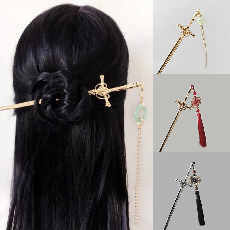 New Punk Metal Sword Tassels Hairpin Chinese Style Simple Hair Sticks For Women DIY Hairstyle Design Tools Accessories