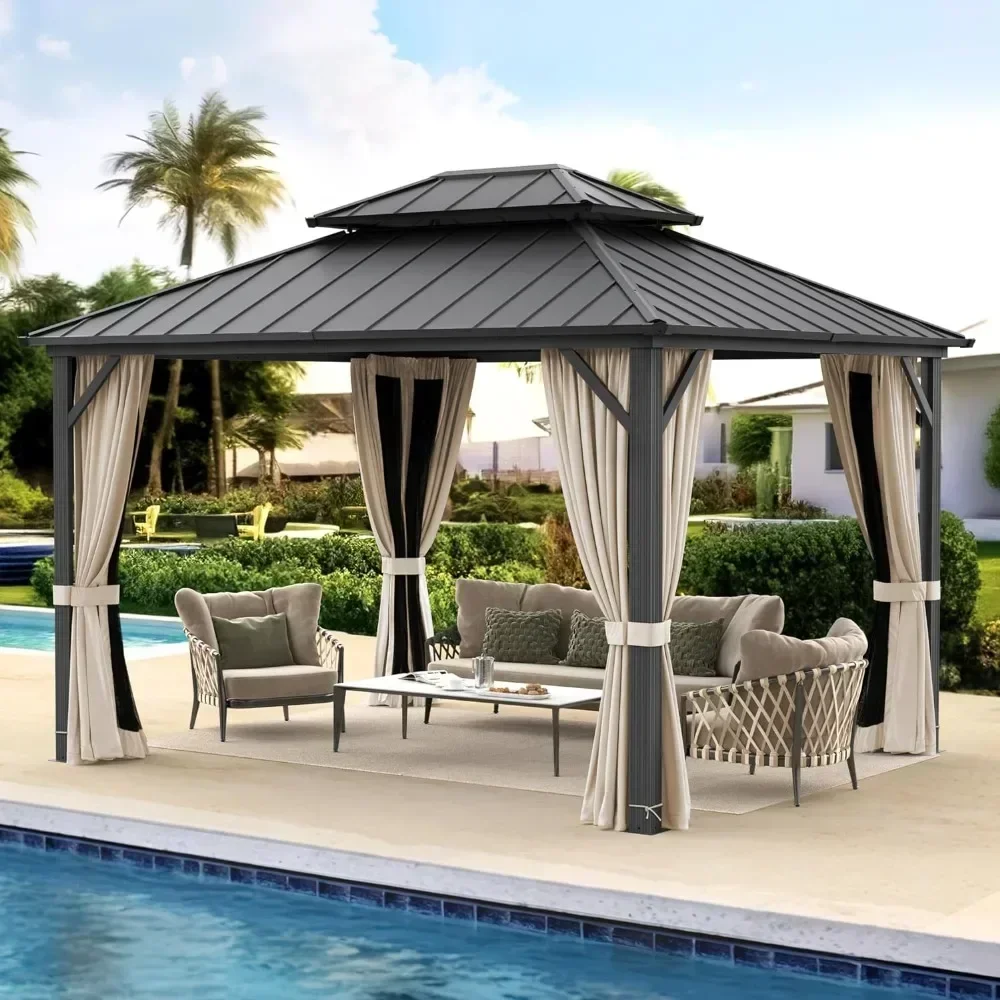 

10 x 12 Outdoor Patio Gazebo, Galvanized Steel Double Roof Permanent Gazebos Pavilion with Aluminum Frame, Outdoor Metal Gazebo