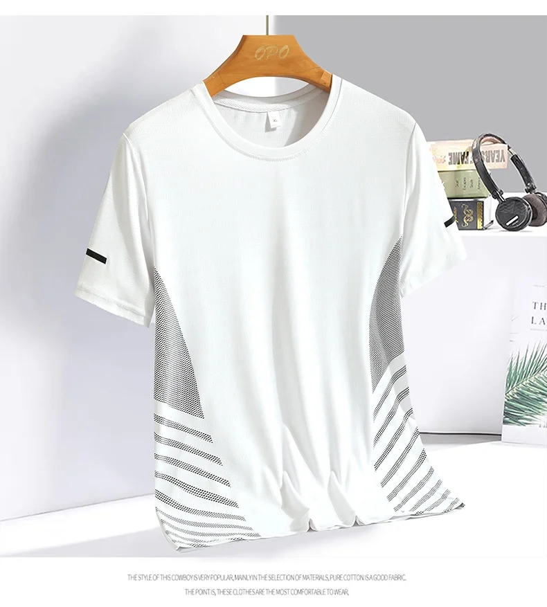 Running T-shirt Men Summer Ice Silk Thin Top Reflective Printing Quick Dry Short Sleeve Breathable Fitness Sports T-shirt 5XL