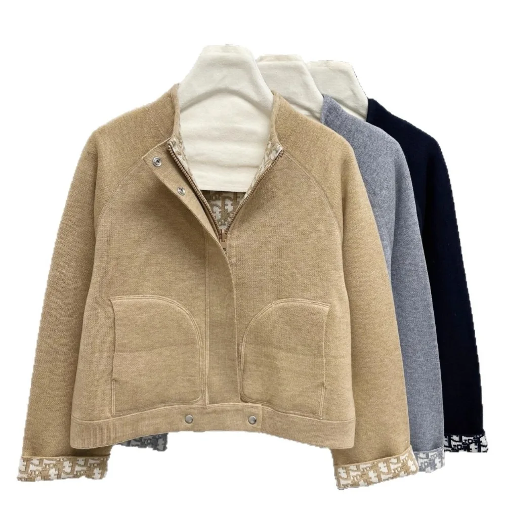 سترة خريف وشتاء بسيطة يمكن ارتداؤها على الوجهين، قفل سريع، سحاب، ياقة واقفة، سترة محبوكة بأكمام طويلة