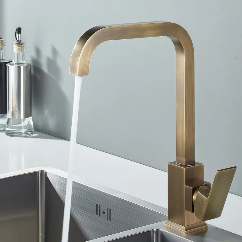 All-Copper Kitchen Faucet for Home Use, Hot and Cold Square Sink Faucet, Single Spray Head, Hot and Cold Model