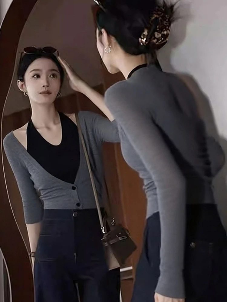 Faionable Long Sve V-Ne Knitwear Dames Herfst Winter Bovenkleding Top Casual Sle Stand Fit Hoge taille Ontwerp