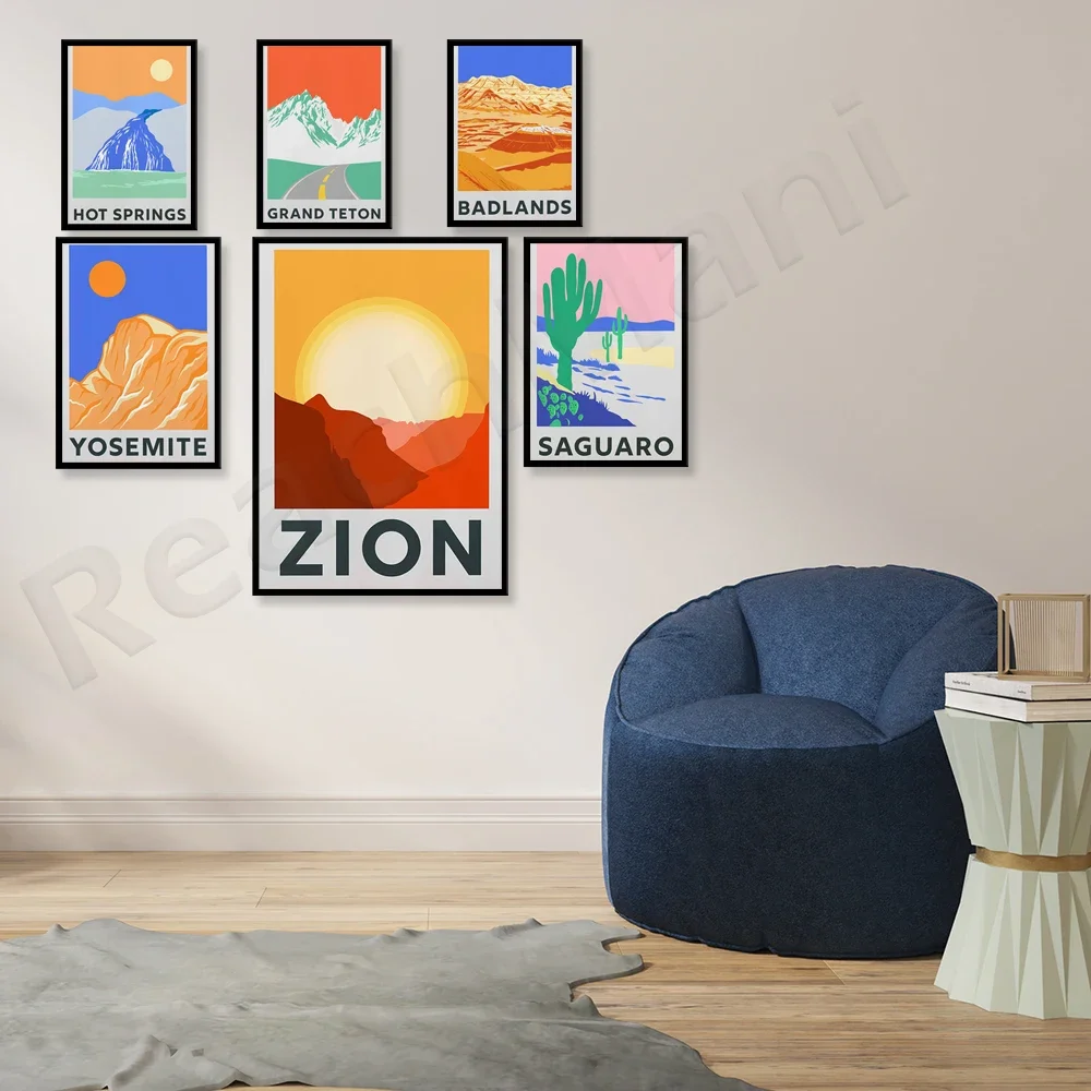 Rocky Mountains, Yosemite, Zion, Badlands, Death Valley, Grand Teton, Grand Canyon, Cactus National Park Travel Abstract Poster